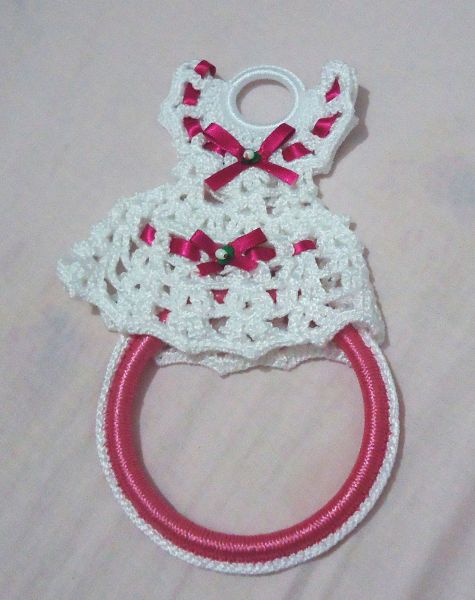 Porta pano de prato de croche pink com branco